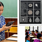 ** A split screen: On one side, a traditional TESOL lesson with a teacher standing at a blackboard; on the other, students using tablets and smartphones in a modern classroom setting, engaged with a language-learning app featuring local Malaysian cultural elements (e.g., images of "batik," "wayang kulit," or Malaysian food). The contrast should highlight the integration of technology and cultural relevance in modern TESOL.