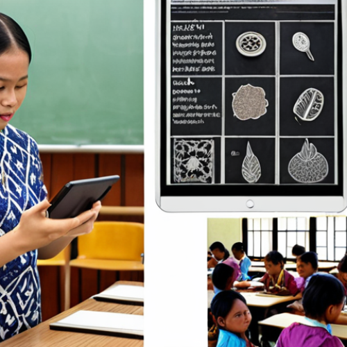 Home 9 ** A split screen: On one side, a traditional TESOL lesson with a teacher standing at a blackboard; on the other, students using tablets and smartphones in a modern classroom setting, engaged with a language-learning app featuring local Malaysian cultural elements (e.g., images of "batik," "wayang kulit," or Malaysian food). The contrast should highlight the integration of technology and cultural relevance in modern TESOL.