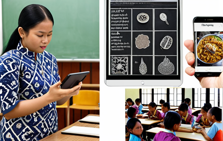 ** A split screen: On one side, a traditional TESOL lesson with a teacher standing at a blackboard; on the other, students using tablets and smartphones in a modern classroom setting, engaged with a language-learning app featuring local Malaysian cultural elements (e.g., images of "batik," "wayang kulit," or Malaysian food). The contrast should highlight the integration of technology and cultural relevance in modern TESOL.