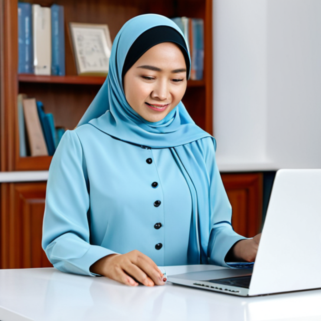 A professional Malaysian female English teacher, fully clothed in a modest, modern baju kurung, seated at a clean, bright desk in a well-lit home office. She is looking at a laptop screen with a warm, engaging expression, as if interacting with online students. The background is a blurred, professional virtual backdrop with subtle educational elements, conveying a focus on digital pedagogy. The image showcases her confidence and expertise in online instruction. safe for work, appropriate content, fully clothed, professional, perfect anatomy, correct proportions, natural pose, well-formed hands, proper finger count, natural body proportions, high quality, professional photography.