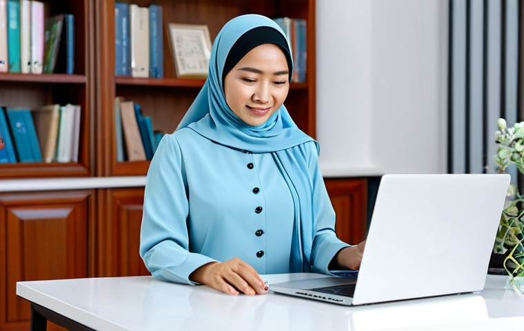 A professional Malaysian female English teacher, fully clothed in a modest, modern baju kurung, seated at a clean, bright desk in a well-lit home office. She is looking at a laptop screen with a warm, engaging expression, as if interacting with online students. The background is a blurred, professional virtual backdrop with subtle educational elements, conveying a focus on digital pedagogy. The image showcases her confidence and expertise in online instruction. safe for work, appropriate content, fully clothed, professional, perfect anatomy, correct proportions, natural pose, well-formed hands, proper finger count, natural body proportions, high quality, professional photography.