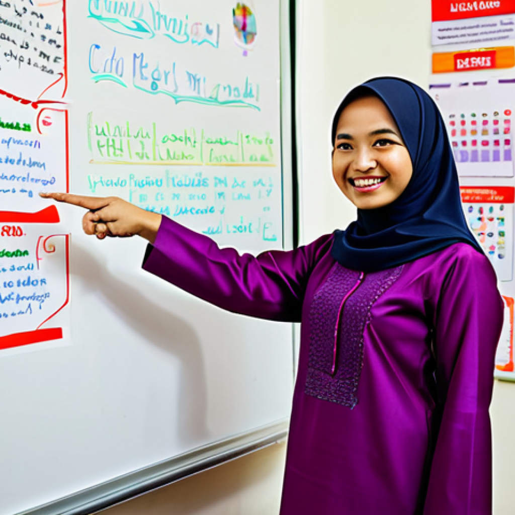 **

A young Malaysian teacher, fully clothed in a modest baju kurung, smiling and pointing to a whiteboard with English vocabulary words. The classroom is bright and colourful with posters of Malaysian landmarks.  Safe for work, appropriate content, family-friendly, professional photography, perfect anatomy, natural proportions.

**