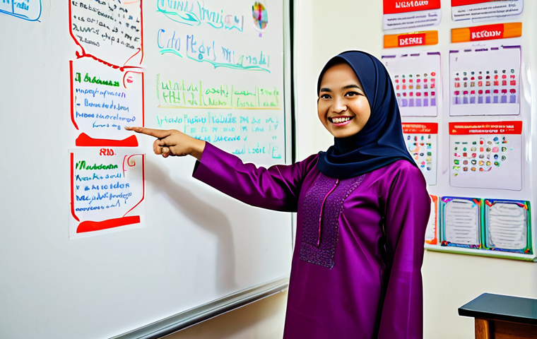 **

A young Malaysian teacher, fully clothed in a modest baju kurung, smiling and pointing to a whiteboard with English vocabulary words. The classroom is bright and colourful with posters of Malaysian landmarks.  Safe for work, appropriate content, family-friendly, professional photography, perfect anatomy, natural proportions.

**