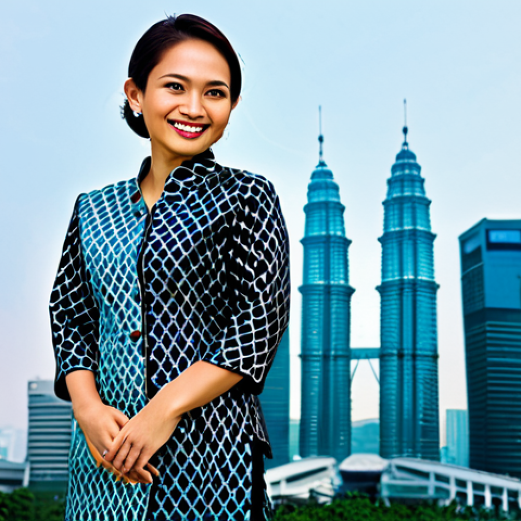 **Image Prompt:** "A successful Malaysian businesswoman in a professional batik kebaya, smiling confidently in front of the Petronas Twin Towers, Kuala Lumpur skyline in the background, fully clothed, appropriate attire, safe for work, perfect anatomy, natural proportions, professional photography, high quality, modest dress."