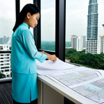 TESOL 시험 응시 절차 - **Subject:** A professional Malaysian architect in a modern office, reviewing blueprints. **Clothing...