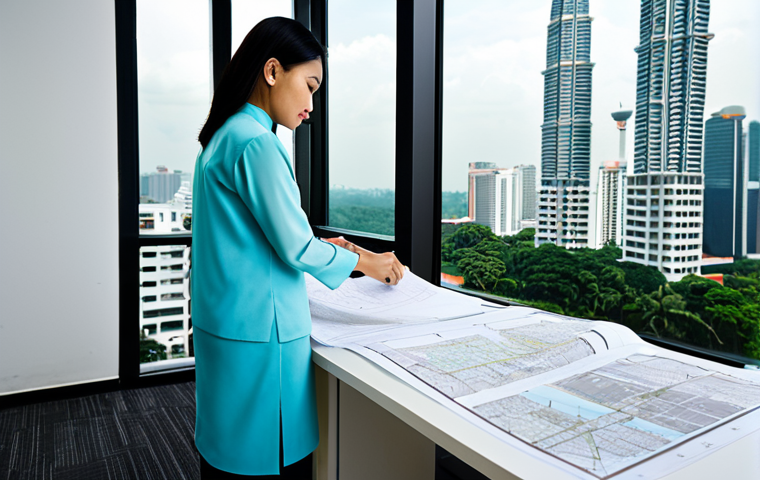 TESOL 시험 응시 절차 - **Subject:** A professional Malaysian architect in a modern office, reviewing blueprints. **Clothing...